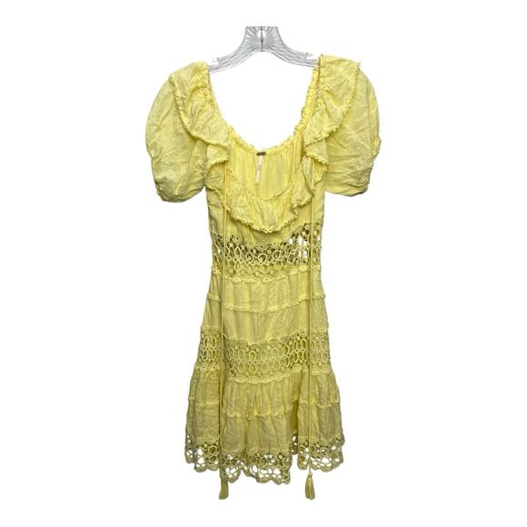 Free People Cruel Intentions Ruffle Mini Dress Women’s 0 Yellow Crochet Cut Out - Picture 1 of 9
